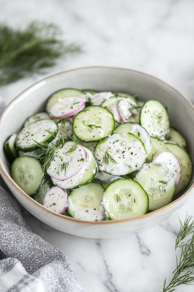 Easy creamy cucumber salad recipe plated in a ceramic bowl, showing vibrant greens and herbs.