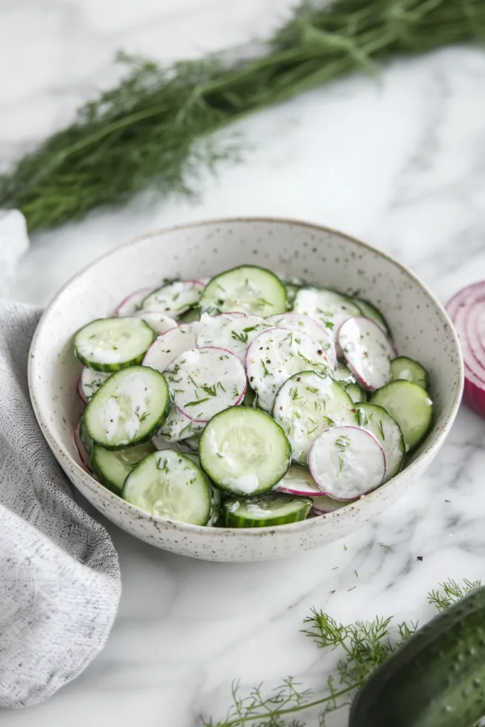 Final shot of cucumber salad with creamy texture and fresh herbs, ready to serve.