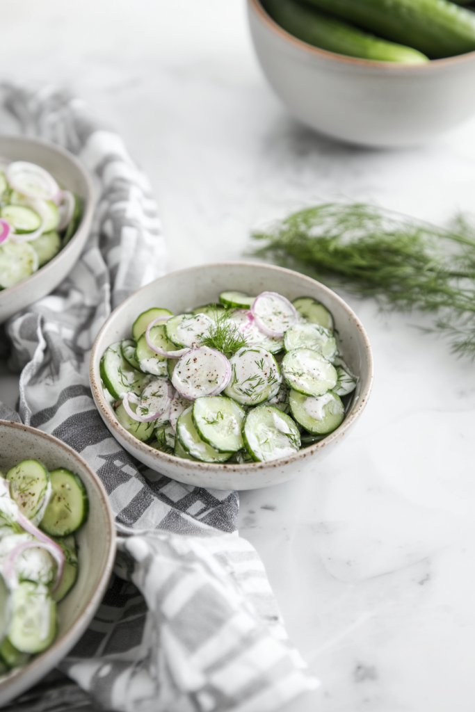 Bowl of creamy cucumber salad with fresh dill and cracked black pepper garnish.