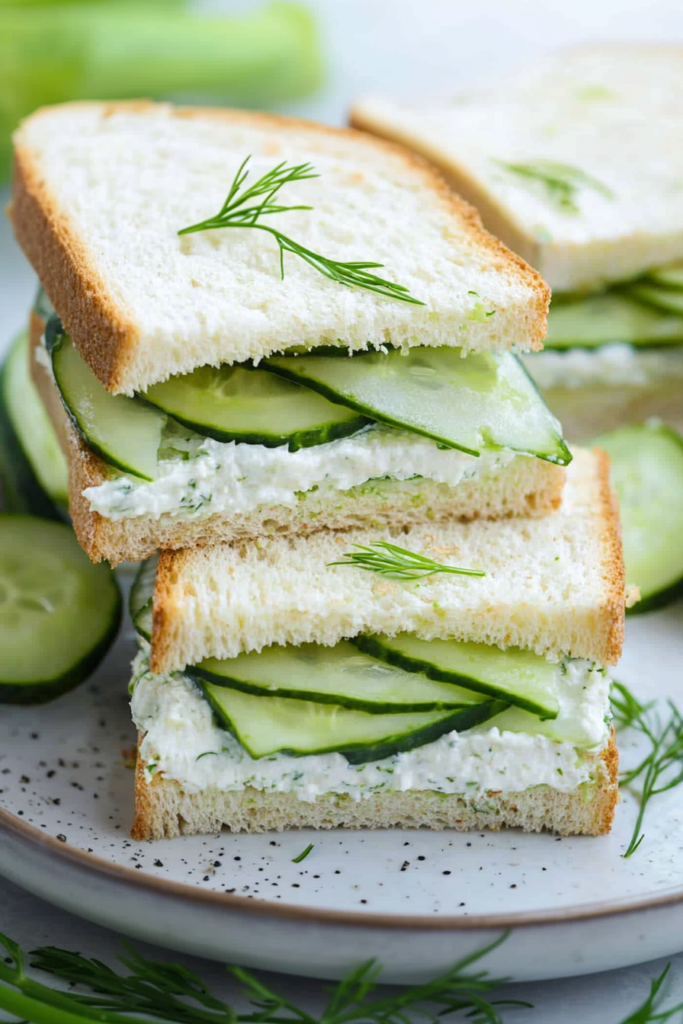 Close-up of cucumber sandwiches with creamy filling, garnished with cracked pepper and dill sprigs.