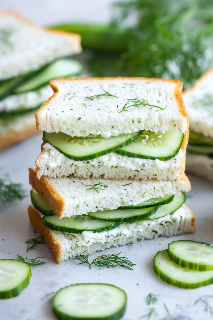 Stack of fresh tea sandwiches with crisp cucumber slices.
