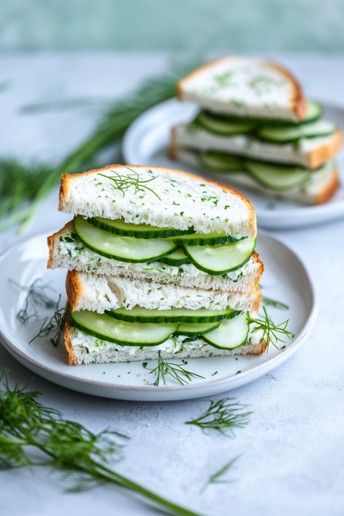 Triangle-cut cucumber sandwiches arranged neatly on a plate, showing crisp edges and layered filling.