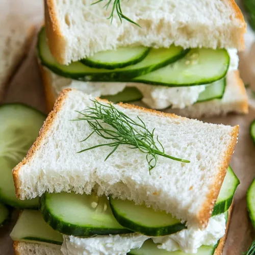 Stacked cucumber sandwiches with creamy spread and fresh dill, served on a rustic wooden board.