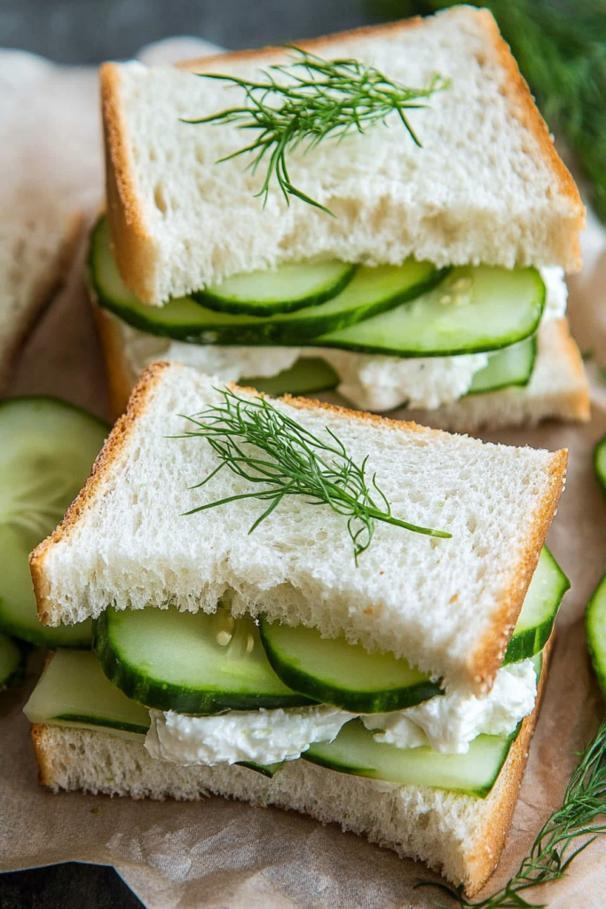 Stacked cucumber sandwiches with creamy spread and fresh dill, served on a rustic wooden board.