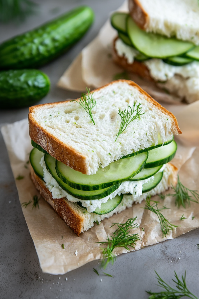 Easy fresh cucumber sandwich recipe plated for serving, with visible cucumber slices and herbs.