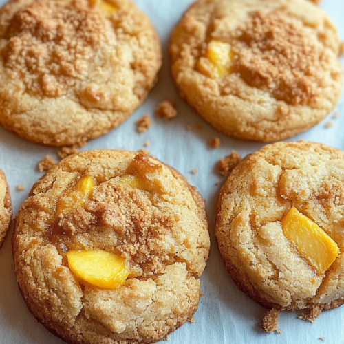 Golden baked cookies with a buttery crumble and juicy peach filling