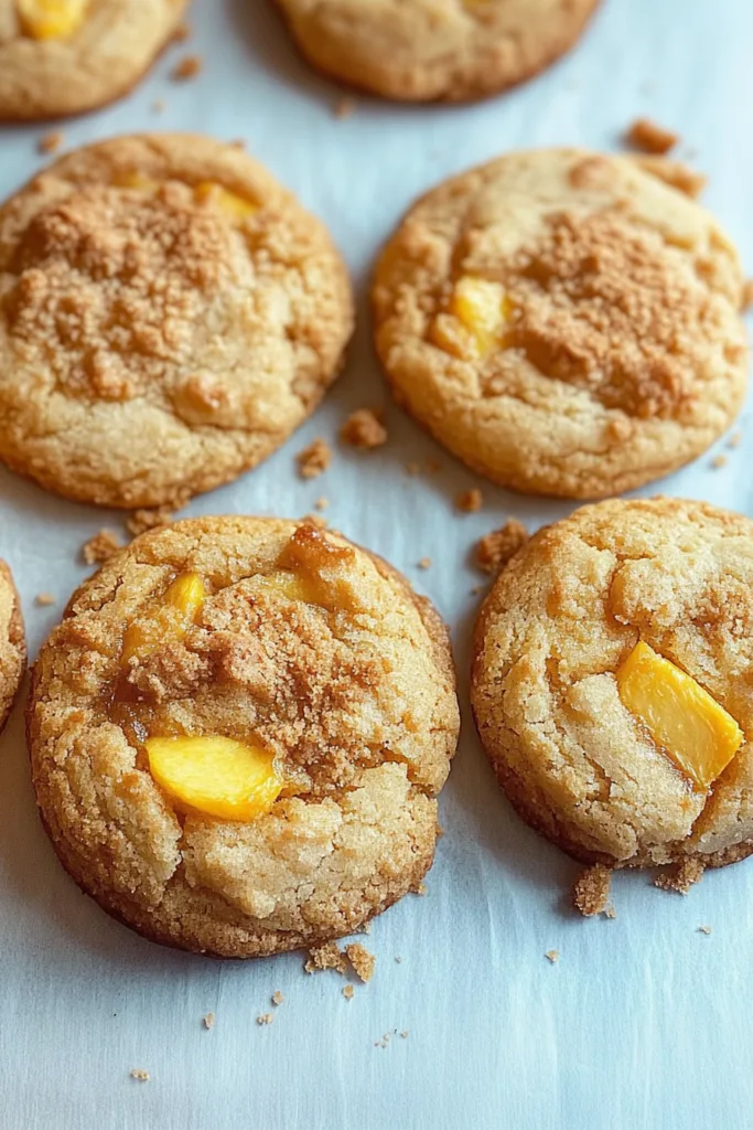 Golden baked cookies with a buttery crumble and juicy peach filling