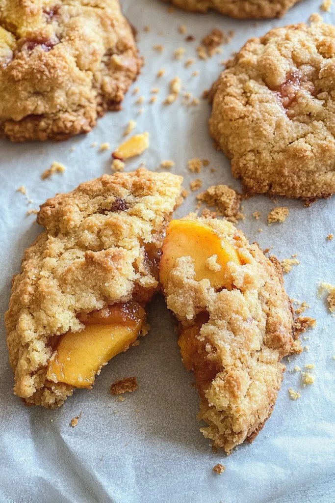 Close-up of a broken cookie showing tender peaches inside