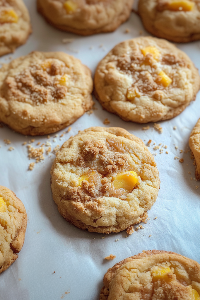 Rustic peach-filled cookies cooling on parchment paper