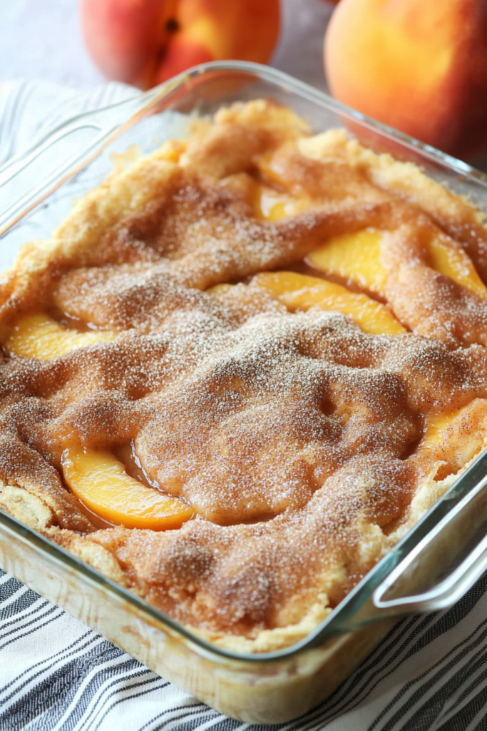 Whole pie in a glass dish with a golden crust and cinnamon-sugar dusting.