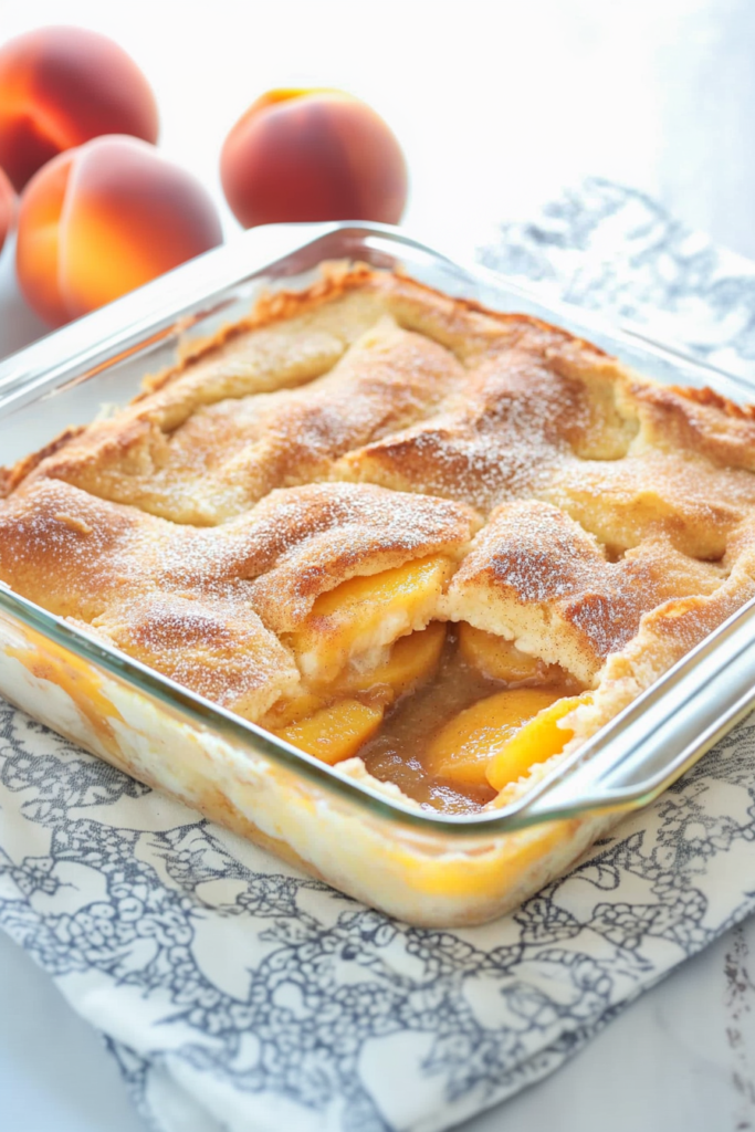 Golden pie crust filled with creamy layers and fresh peach slices peeking through.