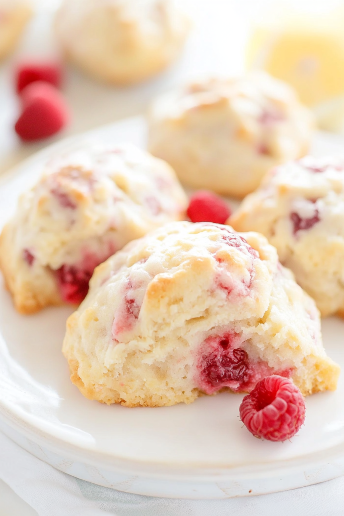 Close-up of stacked scones showing their fluffy texture and bursts of fruit.