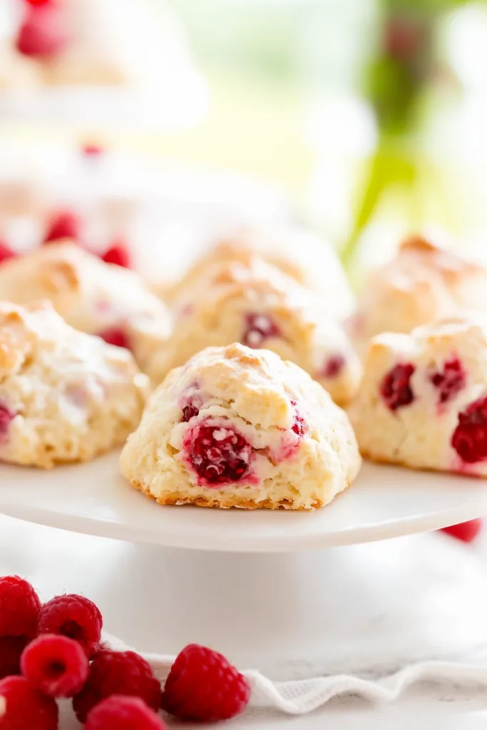 Scones with a golden crust and speckled raspberry pieces, topped with a sweet glaze.