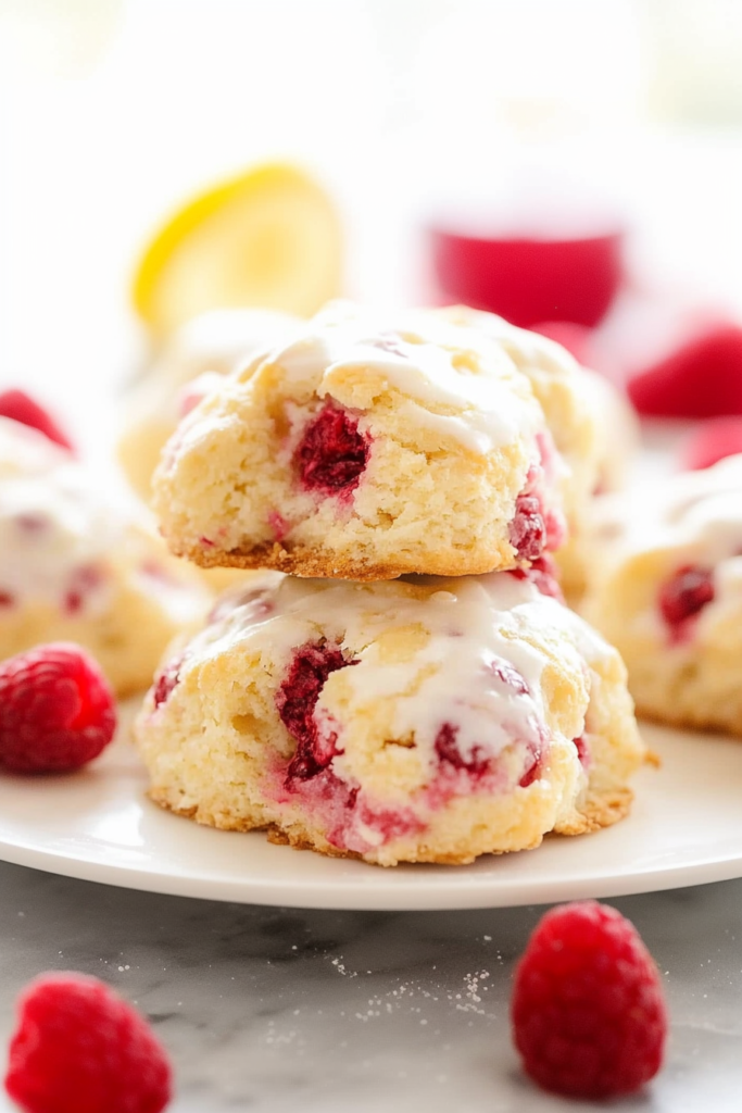 Freshly baked pastries on a white plate surrounded by bright raspberries.