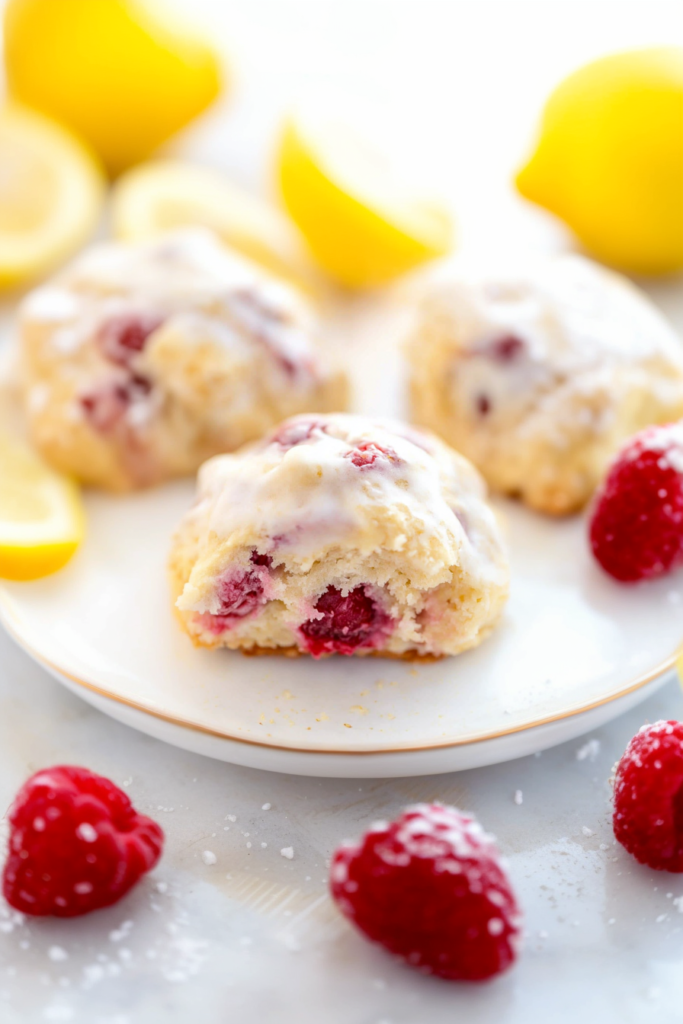 Final presentation of Fluffy Lemon Raspberry Scones with icing and fresh berries.