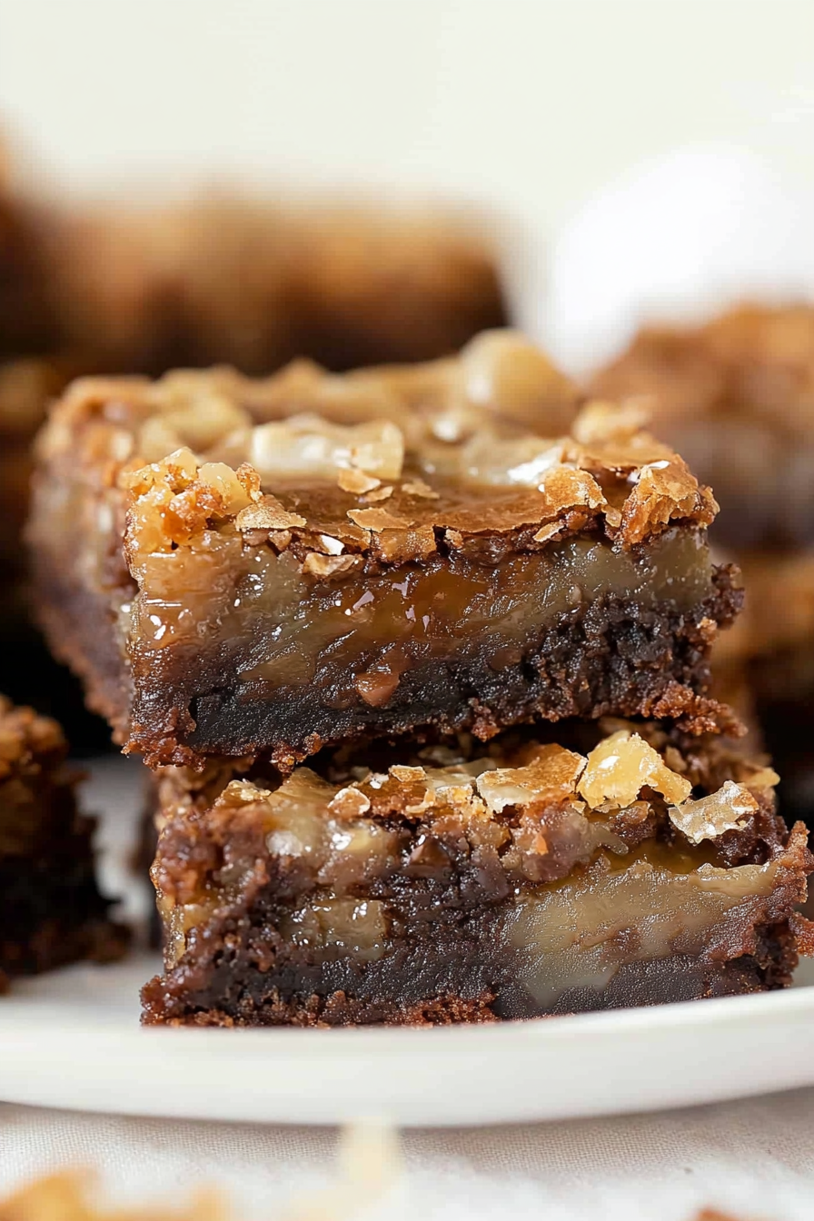 A plate of dense chocolate brownies sprinkled with flaky sea salt for contrast.
