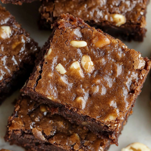 Close-up of fudgy brownies topped with toasted pecans and a glossy chocolate layer.