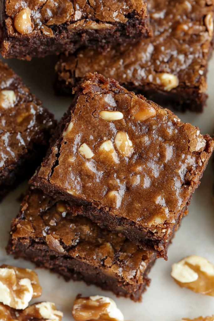 Close-up of fudgy brownies topped with toasted pecans and a glossy chocolate layer.
