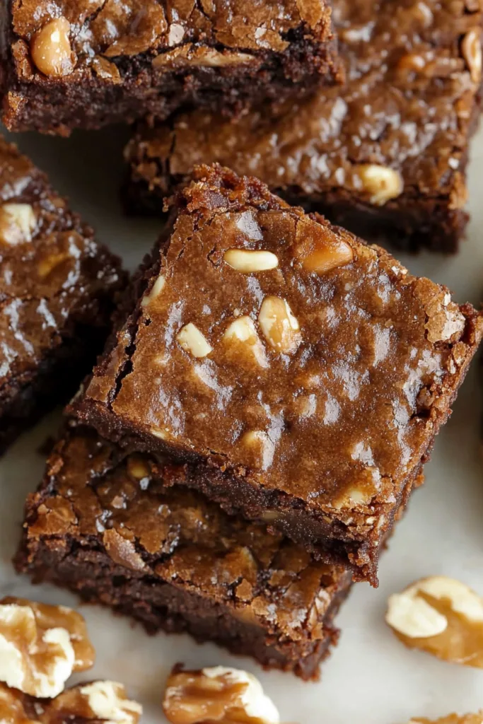 Close-up of fudgy brownies topped with toasted pecans and a glossy chocolate layer.