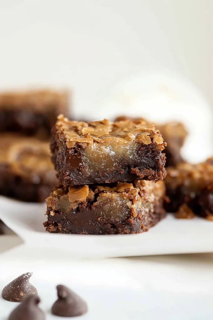Final presentation of German Chocolate Brownies with a thick layer of coconut-pecan topping.
