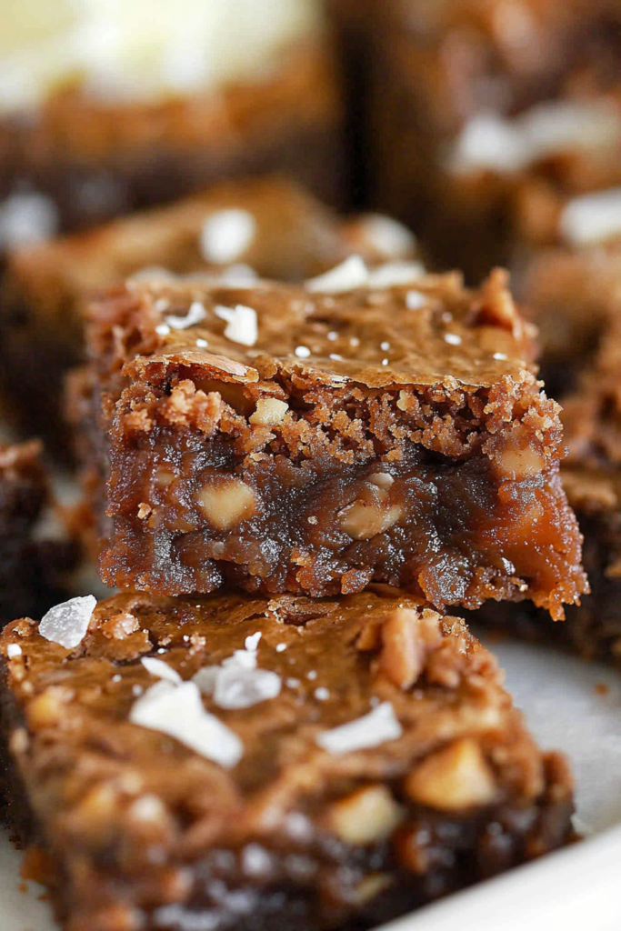 Stacked squares of rich, chewy brownies with coconut-pecan frosting spilling over the edges.