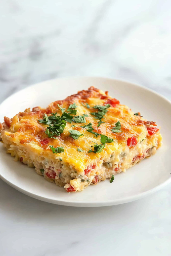 A golden baked breakfast casserole topped with melted cheese and fresh herbs on a white plate.