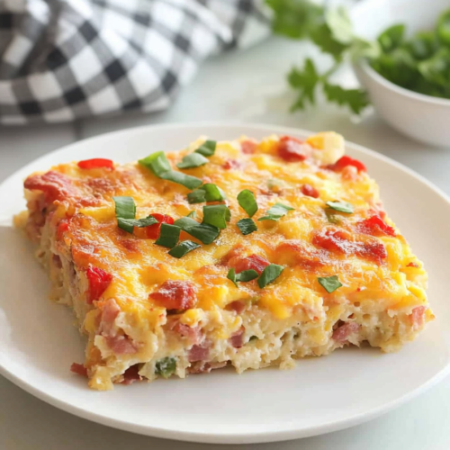 Close-up of a cheesy potato-based breakfast bake with visible peppers and a lightly browned top.