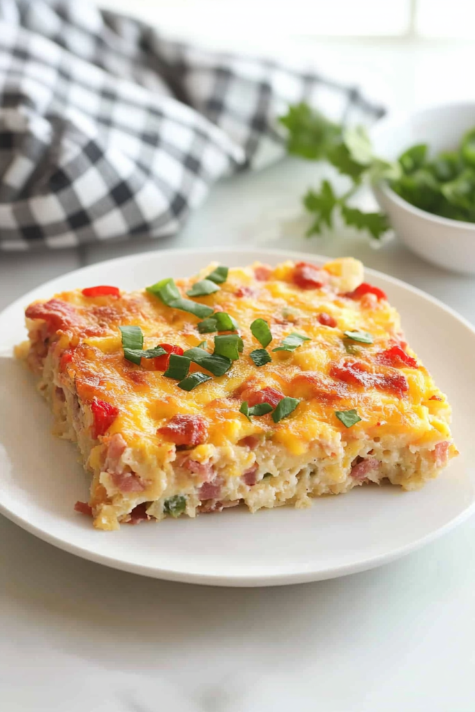 Close-up of a cheesy potato-based breakfast bake with visible peppers and a lightly browned top.