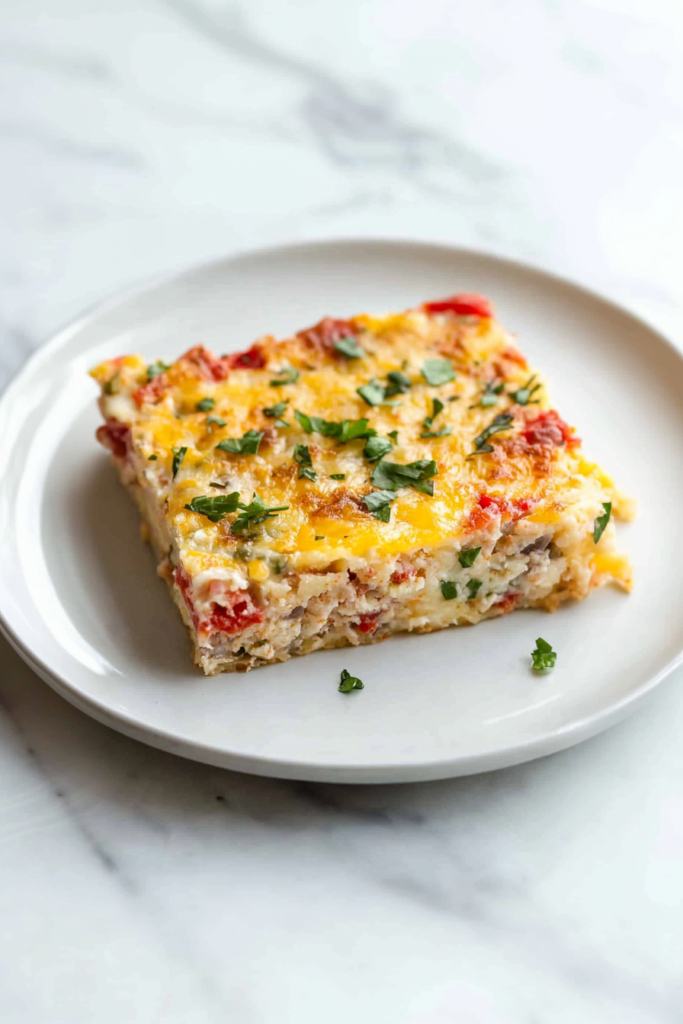 Homestyle breakfast bake served on a plate, featuring melted cheese and a fluffy, savory texture.