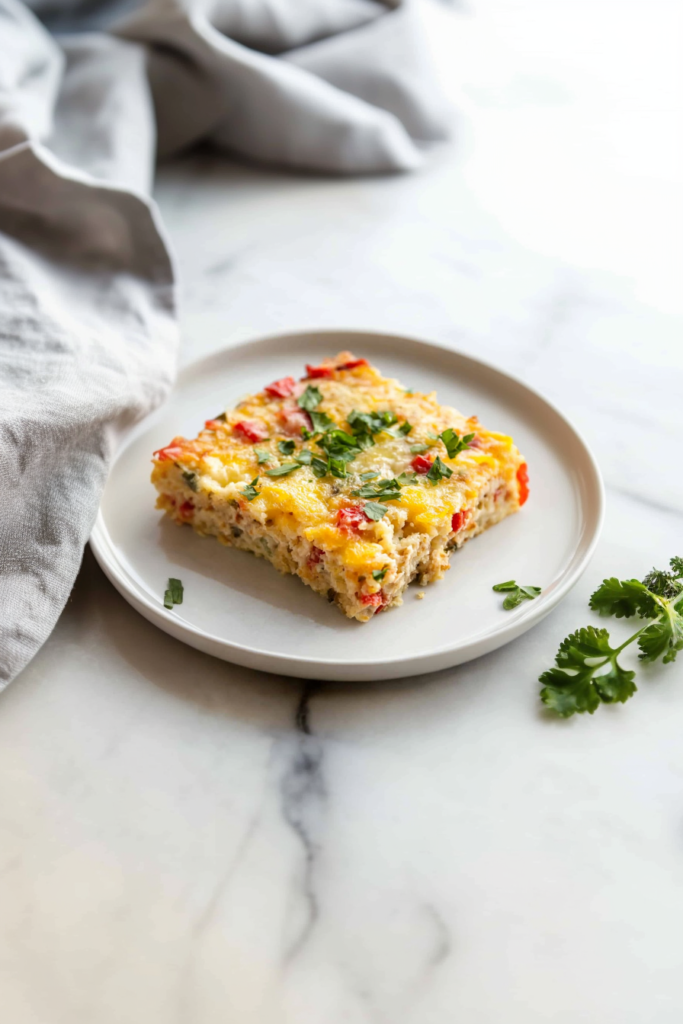 A square slice of baked breakfast casserole served warm, showing a soft, cheesy interior.