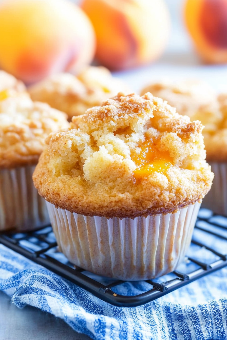 Close-up of muffins showing their tender texture and caramelized fruit pieces on top.