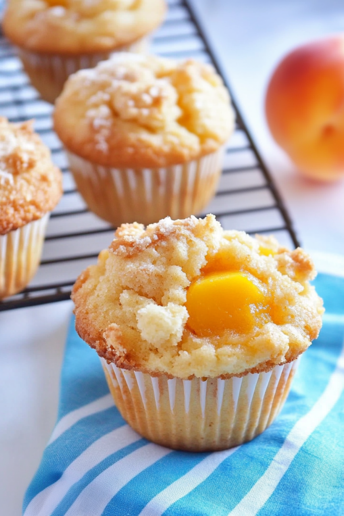 Muffins with a slightly crisp top and juicy peach filling peeking through.