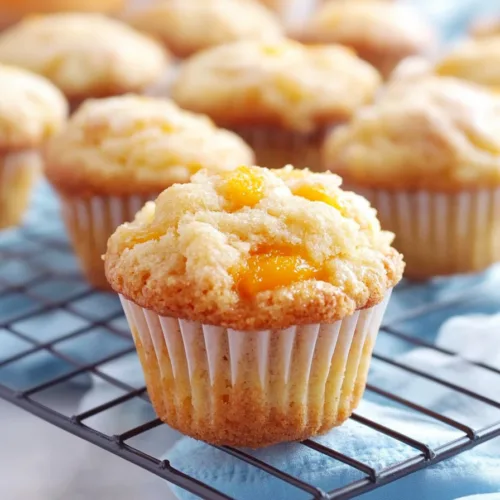 Golden-brown muffins cooling on a rack with chunks of fresh peach visible in the crumb.