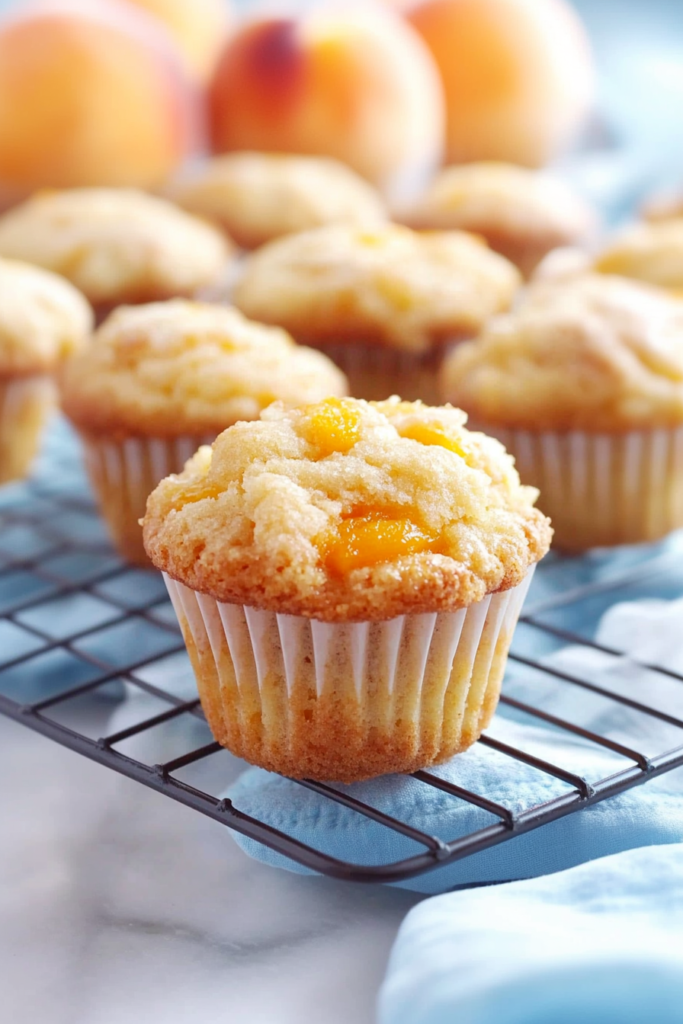 Golden-brown muffins cooling on a rack with chunks of fresh peach visible in the crumb.
