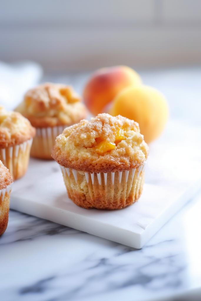 Final presentation of Homemade Peach Cobbler Muffins with golden tops and fruity centers.