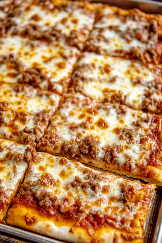 Overhead view of a sheet pan pizza cooling on a wire rack, crust crisp and cheese bubbling.