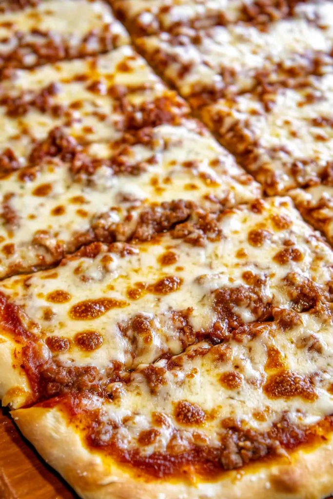 Close-up of a slice lifted from the pan, showing gooey cheese stretching from the crust.