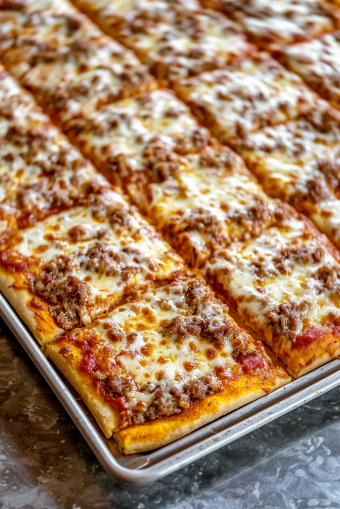 Freshly baked pizza squares arranged on a dark plate, garnished with a sprinkle of herbs.