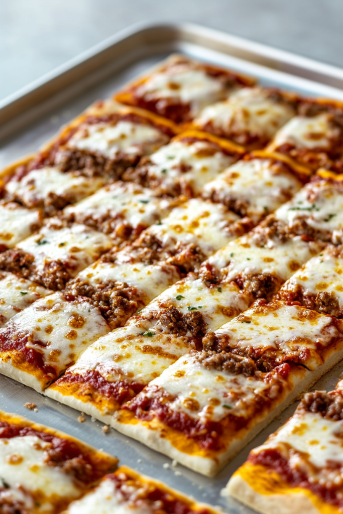 Classic cafeteria-style pizza with browned edges, evenly layered cheese, and scattered sausage crumbles.