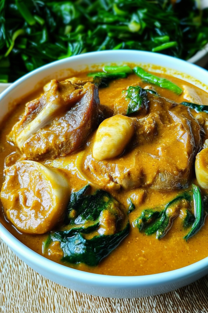 Rich peanut-based sauce covering tender oxtail pieces.