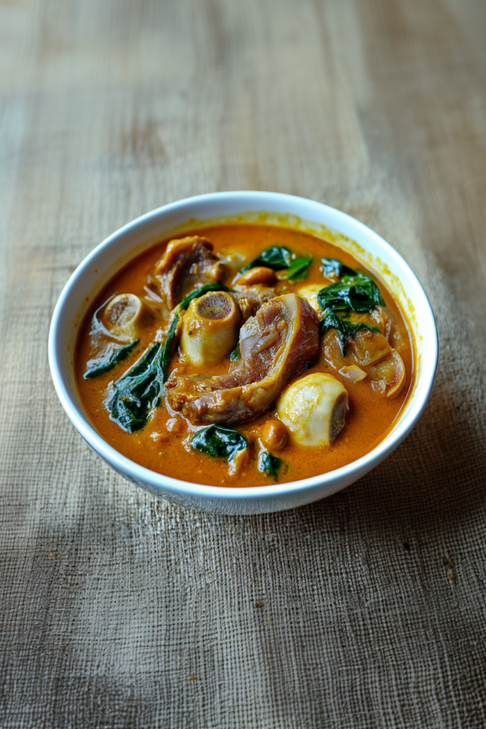 Final plated shot of Filipino peanut stew with oxtail and beans.