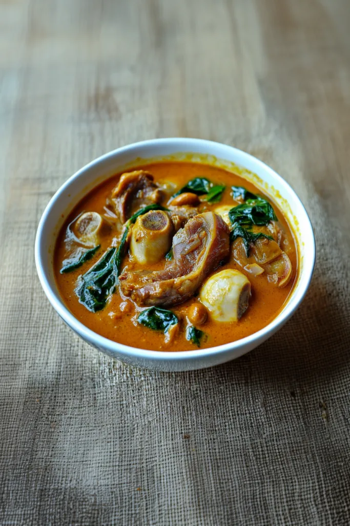 Final plated shot of Filipino peanut stew with oxtail and beans.