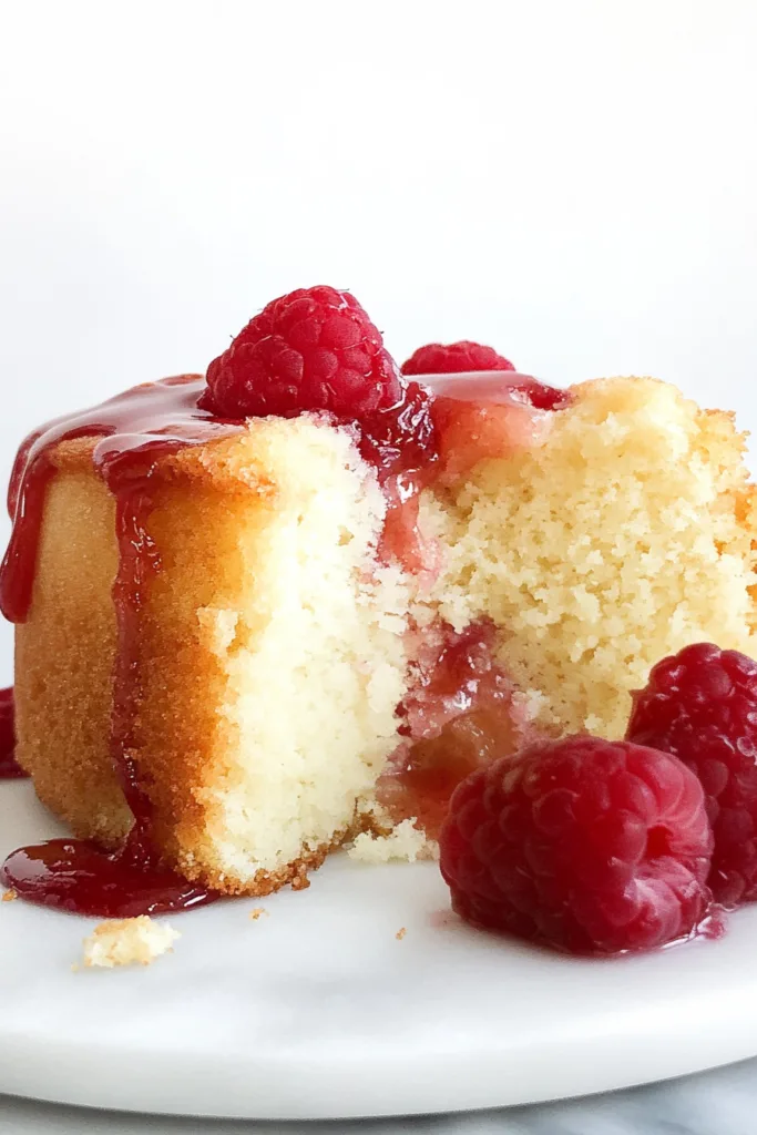 Close-up of a moist vanilla butter cake drizzled with fruit sauce.