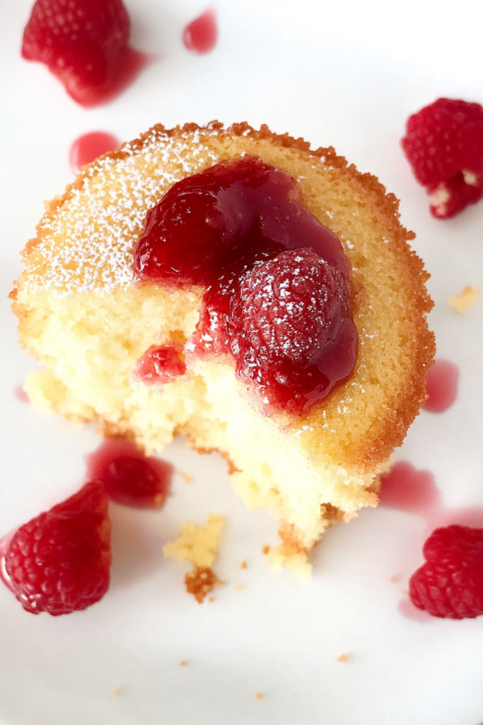 Individual butter cake served warm with raspberries on a white plate.