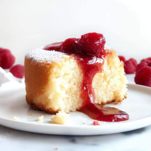 Rich, golden cake with a tender interior and glossy berry topping.