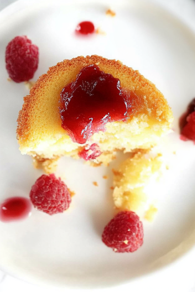 Warm butter cake with a soft crumb, topped with raspberry sauce and fresh berries.