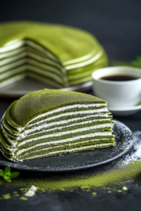 Final plated shot highlighting the striped layers of crepes and cream in a vibrant green dessert.