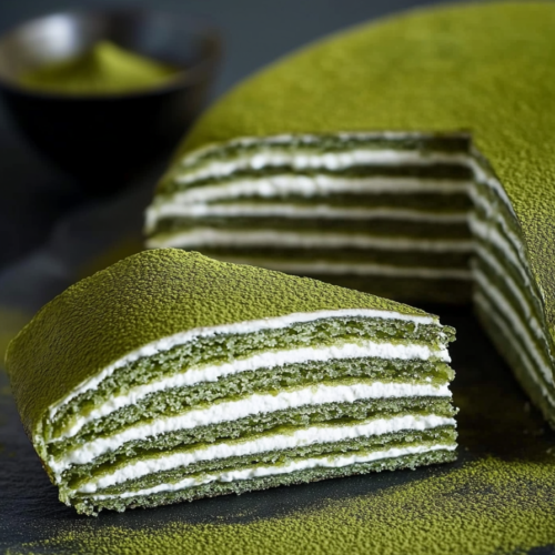 Slice of layered green crepe cake with cream filling, dusted with matcha powder.