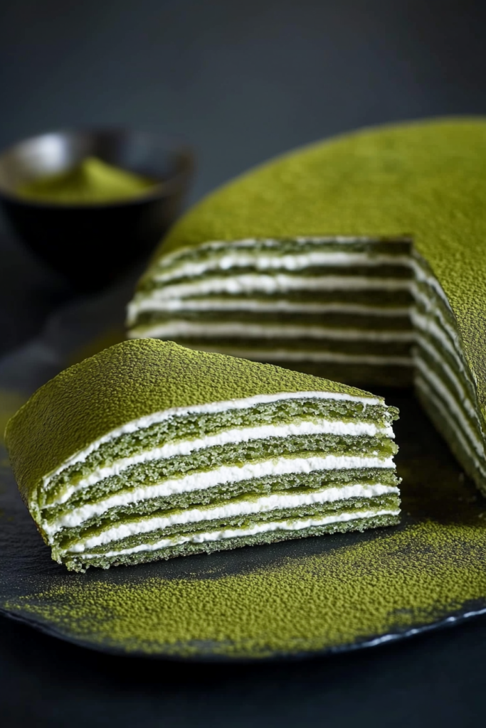 Slice of layered green crepe cake with cream filling, dusted with matcha powder.