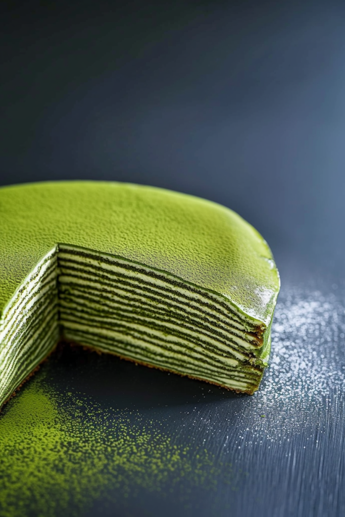 Matcha Crepe Cake Recipe featuring thin green layers and white cream, topped with powdered matcha.
